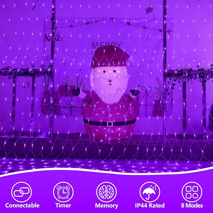 QITONG Purple Net Lights Outdoor Mesh Lights 360 LED 12ft x 5ft Christmas Net Light with 8 Modes Clear Wire Bush Light Plug in