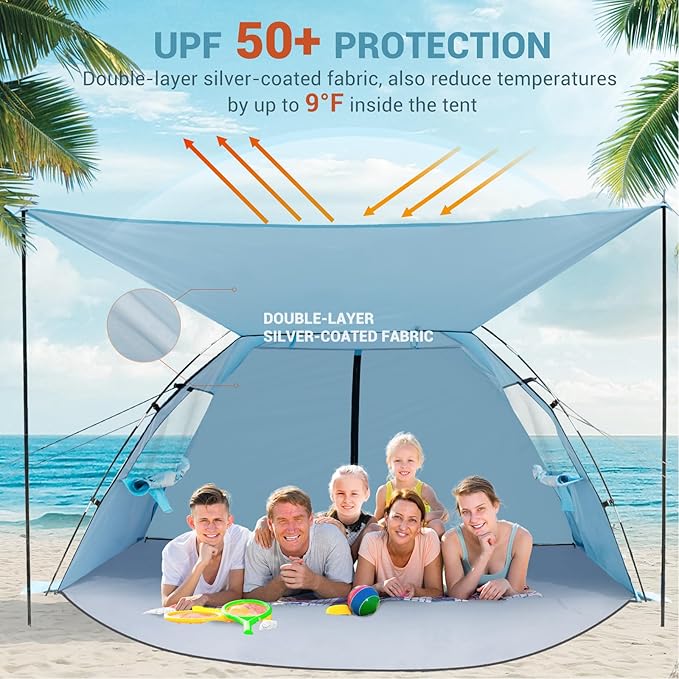 Elegear CumbreX™ Beach Tent Sun Shelter with Canopy 6-8 Person Beach Tent Easy Setup UPF 50+ UV Protection Portable Lightweight Double Silver Coating Cabana Sun Shade Shelter - Sky Blue