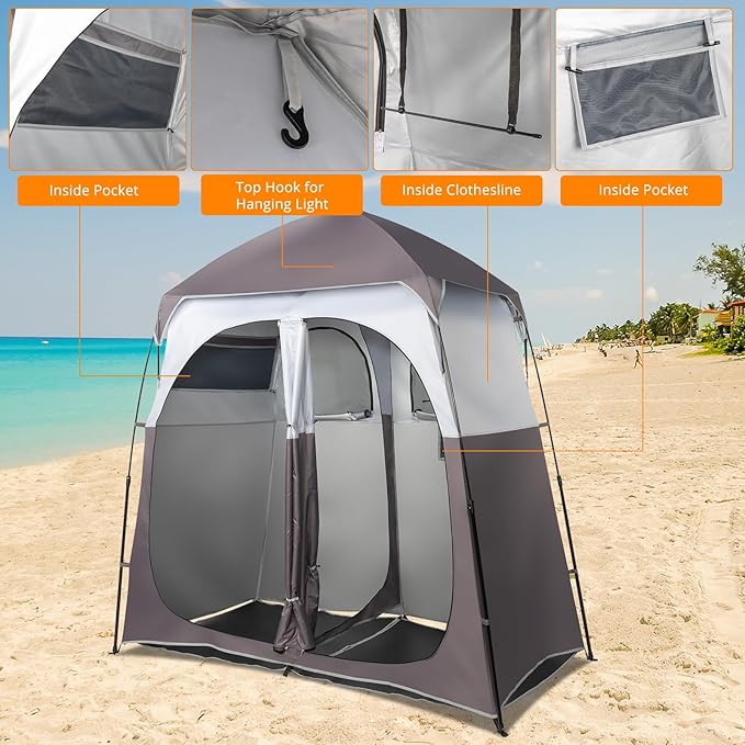 VINGLI 2 Room Shower Tent 7.5 FT Instant Pop Up Shelter with Carrying Bag Privacy Changing Room TentPerfect for Portable Toilet Camping Dressing Outdoor Indoor Easy Set Up