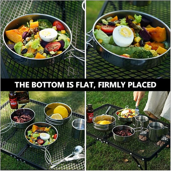 5pcs Stainless Steel Cup and Picnic Pot Set Outdoor Camping Tableware with Bowls Lightweight Mess Kit for Hiking Barbecue Fishing and Backpacking