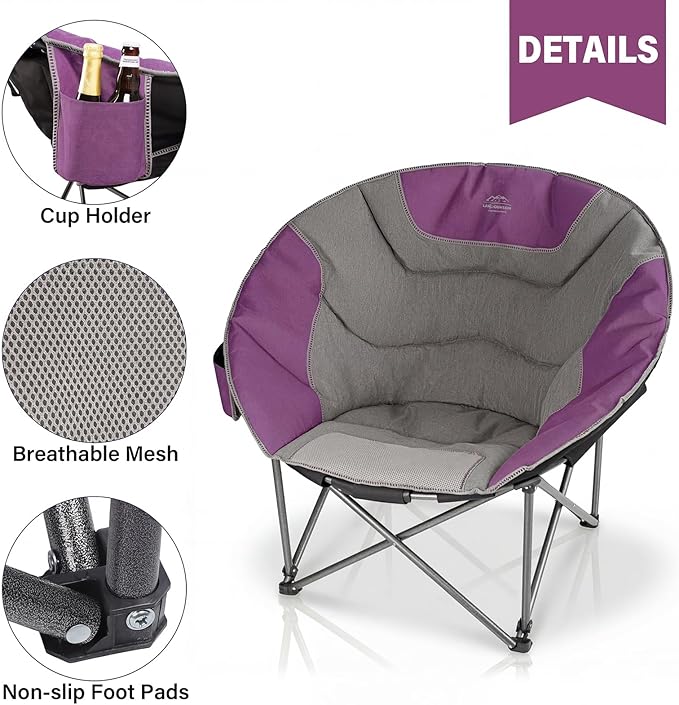 Oversized Portable Moon Camping ChairsRound Folding Lawn Chair w/Cup HolderOutdoor Heavy Duty Supports 500Lbs Comfy ChairPerfect for Family CampHikingPicnics and Beach TripsPurple