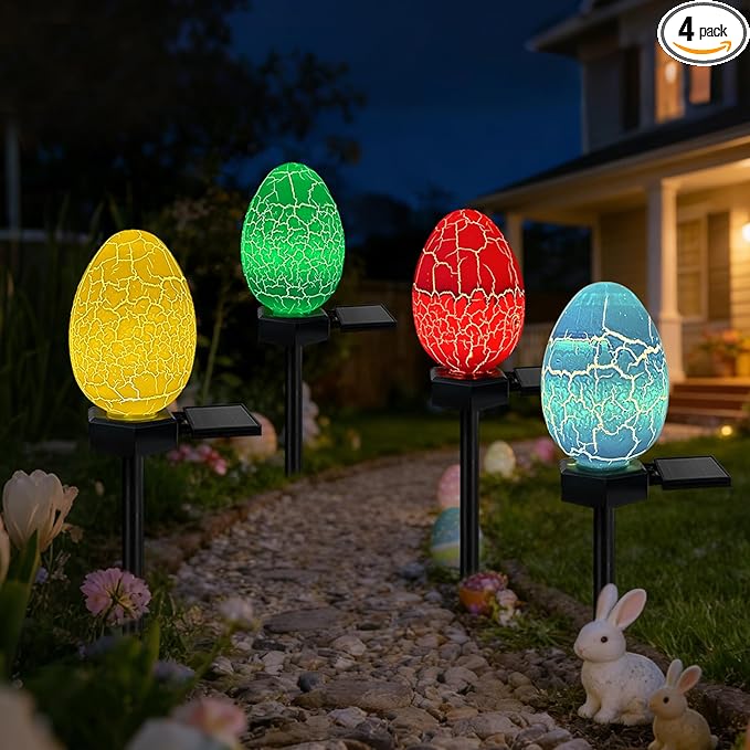 4 Pack Solar Easter Egg Lights Outdoor Waterproof Solar Easter Yard Decorations Outdoor Easters Yard Stakes Lights for Outside Lawn Walkway Patio Cemetery Grave (Red/Yellow/Green/Blue)