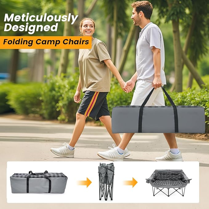 Heated Double Camping Chair with 2 Battery Padded Camping Couch with 3 Heat Levels and 4 Heating Zones Oversized Camp Loveseat Support 800lbs for Soccer Games Tailgating RV Travel Beach Days