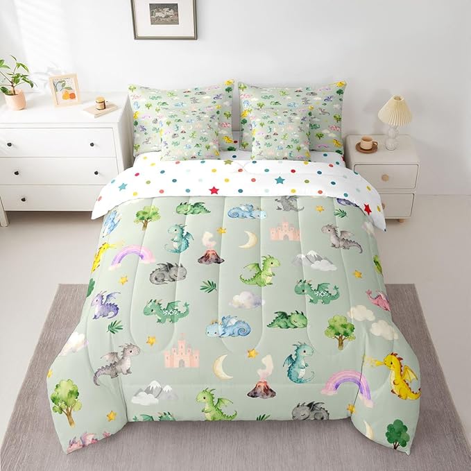 Baby Dragon 7 Piece Bedding Set Queen Size Animal Comforter Set with SheetsPillowcases &amp Cushion Cover for Boys Girls Bedroom Decor Cartoon Wildlife Bed in a Bag Microfiber Women Men Green Gray