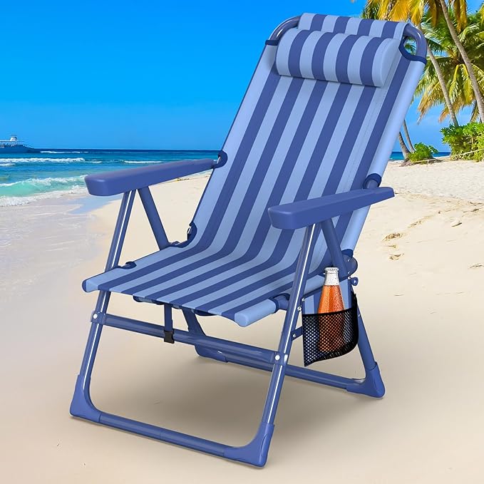 Suteck Backpack Beach Chair for Adults - 6-Position Folding Reclining Chair with Cooler Bag &amp Cup Holder Lightweight Portable Beach Chair for Camping Outdoor Sand Travel Use