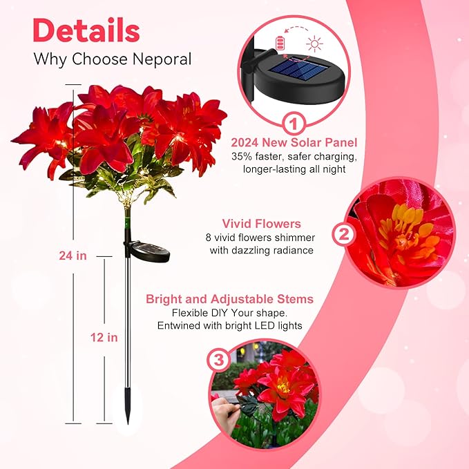 Neporal Solar Flowers Outdoor Waterproof Pink 4PK 7-Stem Garden Solar Lights Decorative 2 Lighting Modes Solar Powered Garden Decor Solar Yard Decor