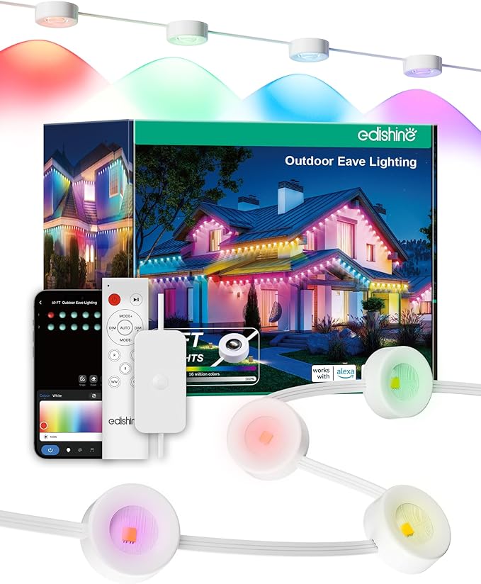 EDISHINE 60ft Permanent Outdoor Lights 40 LED Eave Light with App/Remote Smart Rainbow RGBW Holiday Light with 50 Scene Modes IP67 Waterproof for House Compatible with Alexa Google Assistant