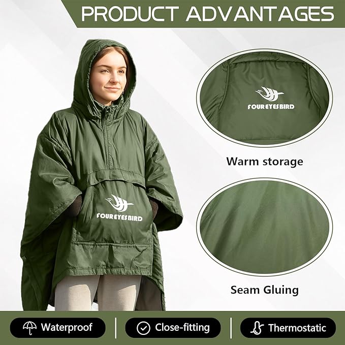 Wearable Hooded Poncho Sleeping Bag Water Resistant Windproof 2 in 1 Spring Poncho Blanket for Camping Hikes