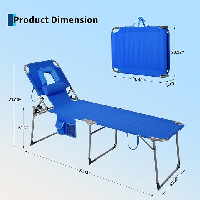 Tanning Chair with Face Hole Folding Beach Lounge Chair5-Position Adjustable Backrest Pillow &amp Side PocketPortable Face Down Chaise Lounge for Outdoor Backyard PoolsideBeach PatioBlue