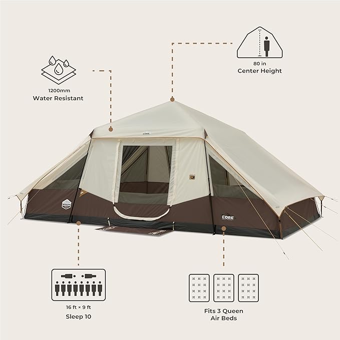 CORE Instant Cabin Tent with LED Lights | Large Family Lighted Pop Up Tent with Carry Bag for Camping Glamping and Backyard Adventures | Included Storage Pockets for Camp Accessories