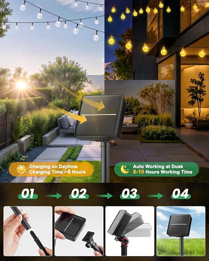 Solar String Lights Outdoor Waterproof 2 Pack 60 LED 36.5 FT Each Solar Powered Patio Lights with 8 Lighting Modes for Garden Yard Porch Wedding Party Decor (Warm White)