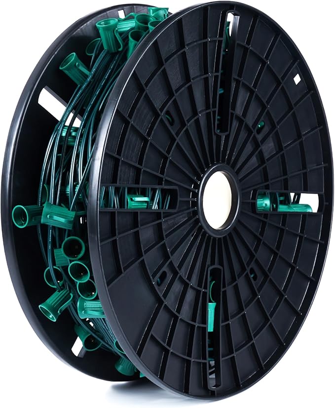 Brightown Commercial 250 FT C9 Christmas Light Sockets Set Spool C9 Christmas Stringer Bulk Reel C9 E17 Candelabra Base SPT-1 8-Awg Green Wire