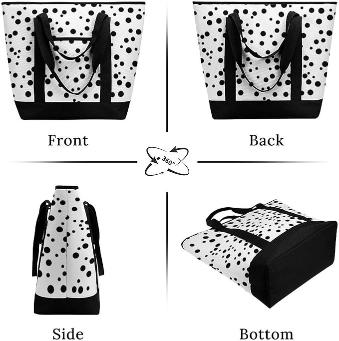 Insulated Shopping BagLarge Reusable Cooler Bags Black And White Polka Dot Printed Foldable Shopping BagTravel Waterproof Shoulder Bag