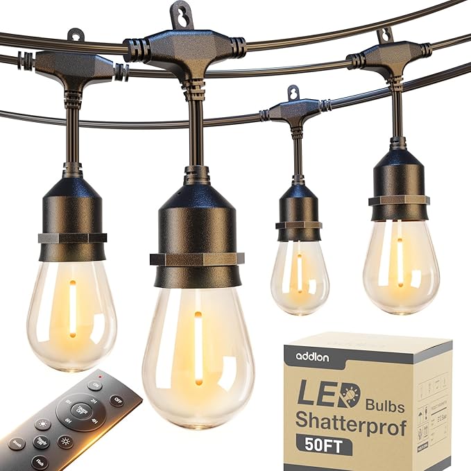 addlon 50FT Outdoor String Lights LED with Remote Dimmable Patio Lights Waterproof Shatterproof Edison Bulb for Outside Backyard Porch Garden Bistro Pergola Party Decor Warm Ambience Lighting