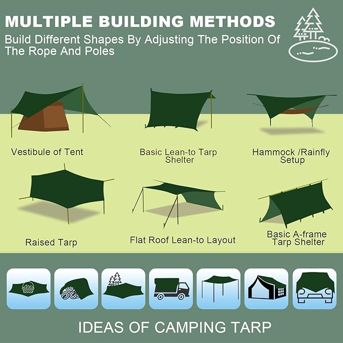 Camping Tarp 14 X 12FT Tarp with 2 Poles Waterproof &amp Lightweight Tent Tarp Car Awning UV UPF50+ Rain Fly Sun Shelter Can Used with Hammock in Outdoor Garden and Backpacking
