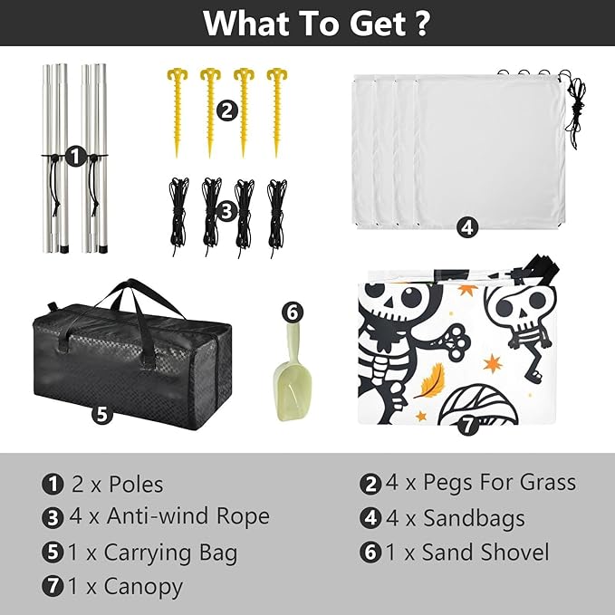 ALAZA Cute Pumpkin Skull Halloween Beach Tent Sun Shelter UPF50+ Protection Beach Shade Canopy w/ 4 Sandbags for Outdoor Camping Fishing Backyard Fun Picnic 10x9 ft