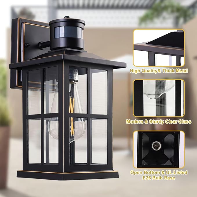 Outdoor Motion Sensor Light Black Exterior Wall Lighting FixturesDusk to Dawn Motion Sensor Outdoor Lights Waterproof Front Porch Light Lantern for Garage Patio. (Black 1 Pack)