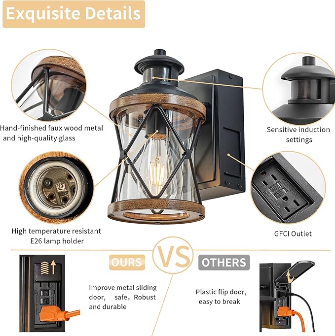 Dusk to Dawn Motion Sensor Outdoor Porch Light with GFCI Outlet3 Lighting Modes Anti-Rust Waterproof Industrial Outdoor LanternExterior Work lights Rustic Wood-Like Finish Wall Light (Brown 1 Pack)