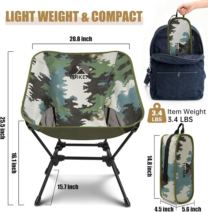 Ultralight Camping Chair Backpacking Chair Portable Camp Chair with Cup Holder &amp Storage Bag Lightweight Compact Folding Chair for Hiking Travel Picnic Mountaineering (Camo)