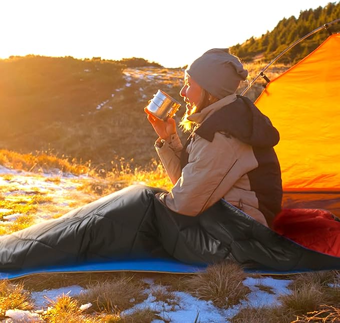 UNIKOME Waterproof Puffy Camping Blanket - Lightweight Packable Outdoor Quilt with Snaps &amp Corner Loops Warm Compact Blanket for Cold Weather Hiking Picnic Stadium Travel 75×52 Black&ampRed