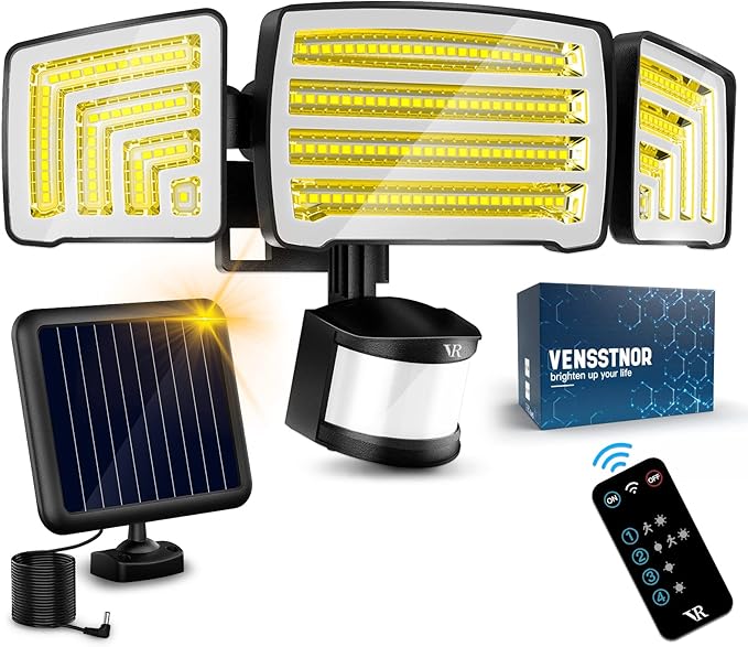 Solar Motion Sensor Flood Lights Outdoor - 4000LM 4 Lighting Modes 72FT Sensing Distance Split 3000mAh Solar Panel IP65 Waterproof Security Lights with Remote for Porch Yard Patio Garage