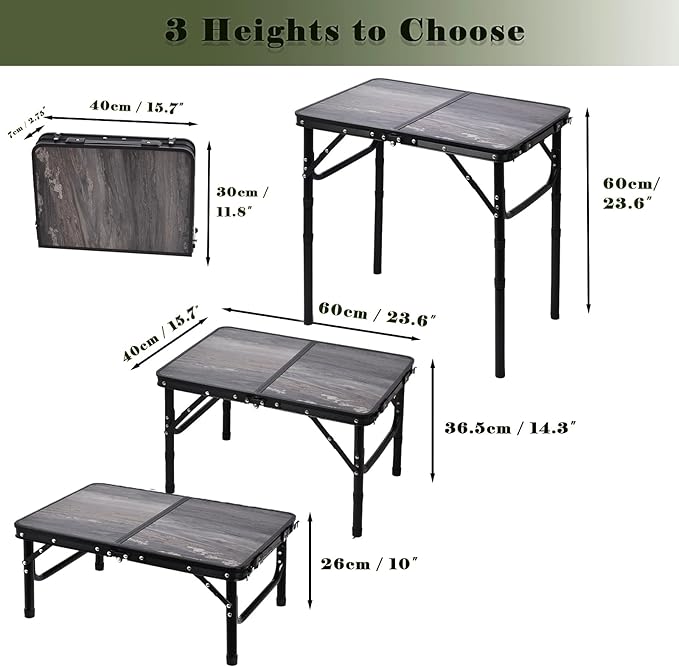Small Folding Camping Table 2ft Portable Picnic Table Aluminum 24 x 16 3 Adjustable Heights Portable Lightweight Table Dining for RV Picnic Beach (Black Lava)