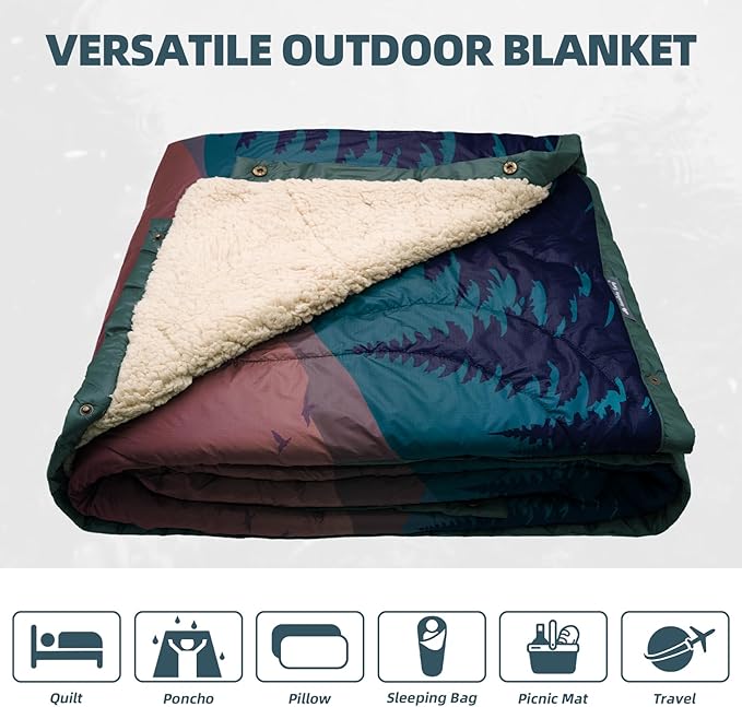 Outdoor Camping Blanket - Puffy Camping Blanket PackableSherpa Fleece Warm Blanket for Camping Outdoors Travel Stadium Festivals Beach Hammock 56x 78 Machine Washable DWR Lightweight