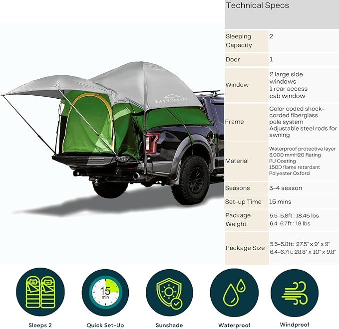 Savvycraft Pickup Truck Tent for Full Size and Mid Size Truck Short Bed and Long Bed Waterproof P3000mm 2-Person Double Layer Truck Bed Camping Tent Expandable Awning Rainfly Storage Bag Included