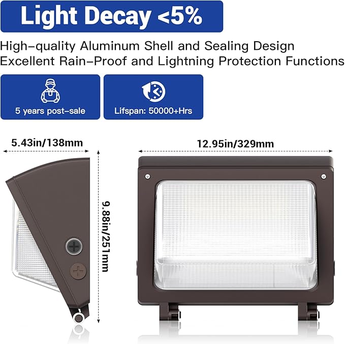 JTT LED Wall Pack Light with Dusk-to-Dawn Sensor 120W/96W/72W Selectable[Eqv.900W HPS/HID]18000LM 6000K/5000K/4000K Daylight WallPack Lights Outdoor LED for Parking LotWarehouseHouseYard-2pack