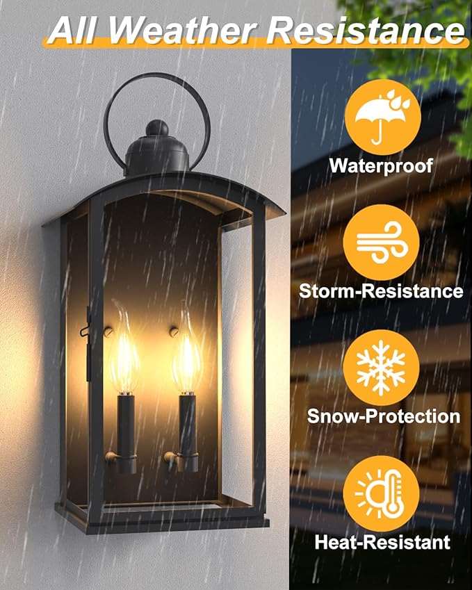 𝟏𝟗.𝟕-𝐈𝐍𝐂𝐇 Outdoor Wall Light Fixtures Dusk to Dawn Exterior Lanterns Waterproof Large Porch Sconces Wall Mounted Lighting Modern Matte Black Front Open Window Wall Lamps for Patio