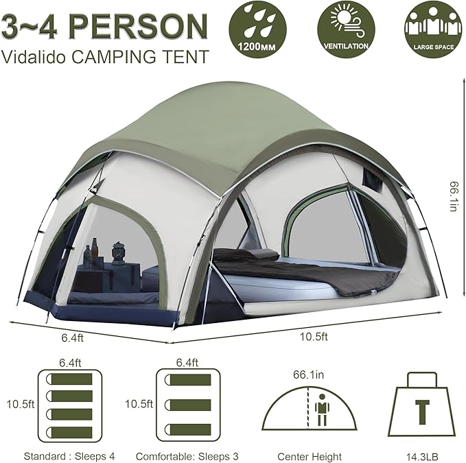 Vidalido 3-4 Person Camping Tent with 2 Large Mesh Door 4 Mesh Window Family Tents Double Layer Waterproof Portable Easy Setup Camp Tent Canvas Dome Tents for Camping Outdoor Hiking and Backpacking