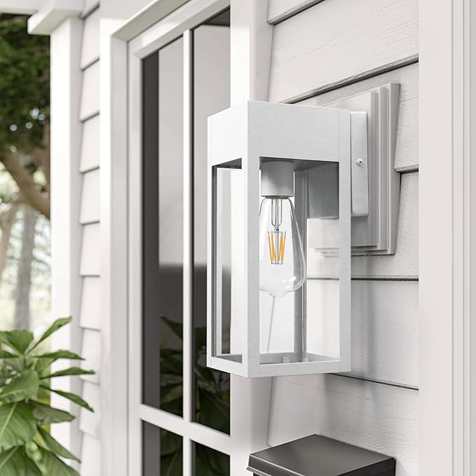 2 Pack Porch Lights Outdoor Wall Sconce Outdoor Light with GFCI Outlet Waterproof Exterior Wall Lantern Light Fixtures Anti-Rust Wall Lamp with Clear Glass for Patio Doorway Garage- White