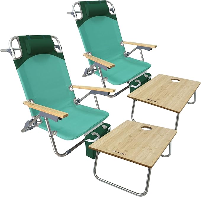 Folding Backpack Beach Chair 2 Pack for Adults &amp Teens Aluminum 5-Position Lay Flat Lounge Chair with Camping Bamboo Table 200LBS Beach Reclining Chair Outdoor with Cooler Bag Green