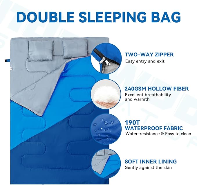 Double Sleeping Bag for Adults Kids - Lightweight 2 Person Sleeping Bag with Pillow Queen Size Waterproof Camping Sack Two Person for Girls Boys Youths Teens Compact for Cold Weather &amp Warm