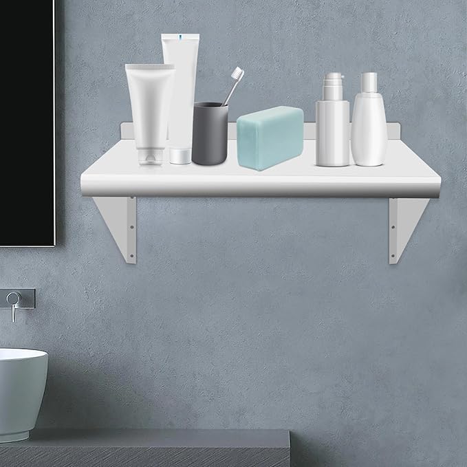 Stainless Steel Shelf 24'' x 12'' 110lbs Wall-Mounted Commercial Shelves with Triangular Brackets Metal Shelf for Home Restaurant Cafeteria