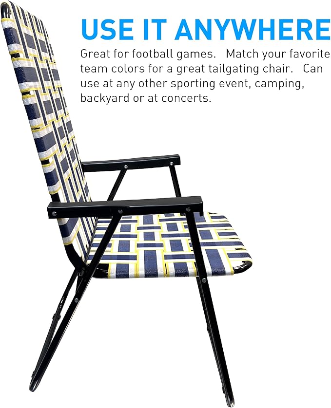 Lawn Chair Folding Steel Webbing Chaise Patio Lounger Seat Wood Handles Great for Camping Beach Fishing Backyard Stadium Pool Boating and Sports 1 Pack Blue/Yellow