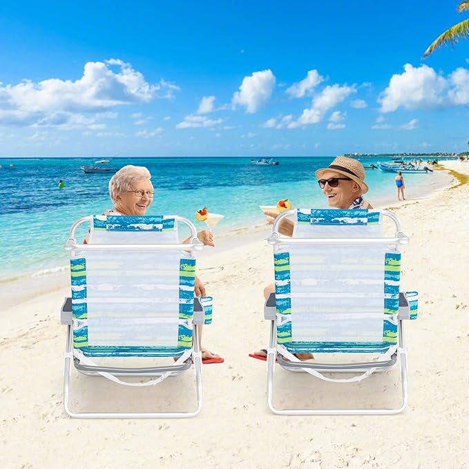 Giantex 2-Pack Folding Camping Chair with 5 Adjustable Positions Head Pillow Towel Bar Armrests &amp Cup Holder Portable Outdoor Backpack Chair for Lay Flat Sunbathing Picnic Beach Green