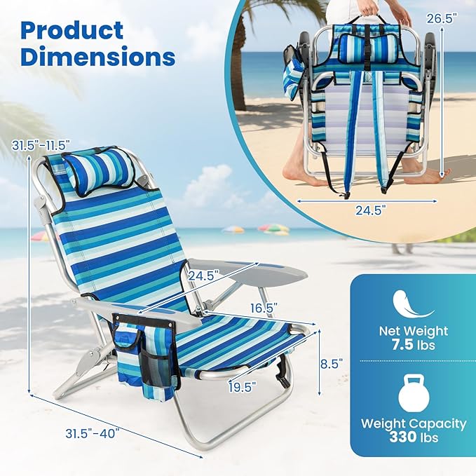 Goplus Beach Chair 330lbs Folding Backpack Chairs for Adults with 4-Position Backrest Storage Pockets Towel Bar &amp Headrest Foldable Low Beach Lounge Portable Aluminum Lay Flat Camping Chair