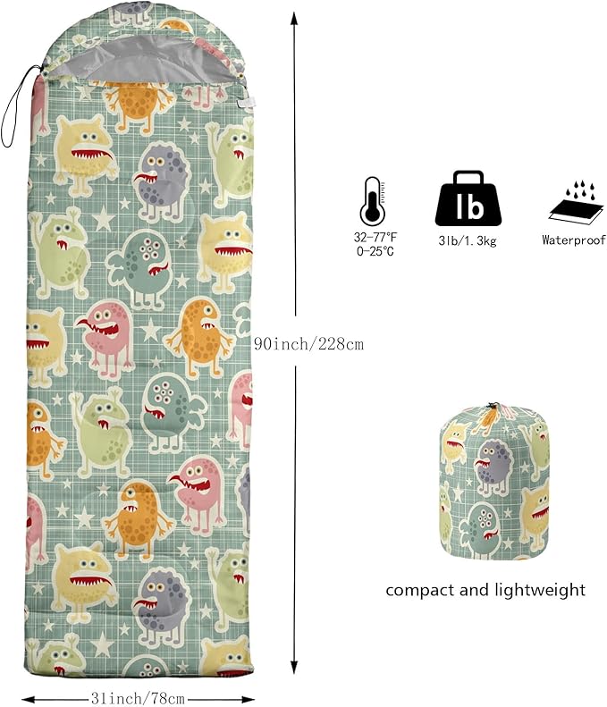 Kids Sleeping Bag for Boys GirlsMonster Alien Print-Lightweight Warm Portable Outdoor Indoor-Waterproof Cold Weather Resistant Sleeping Bag for Camping Hiking(Monster Alien)