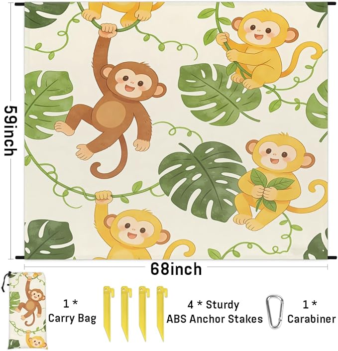 Tropical Cartoon Monkey Beach Blanket - Waterproof and Sand Proof 79 x83 Large Lightweight Picnic Mat Suitable for Beach Camping Hiking Includes 4 Ground Nails&amp1 Storage Bag