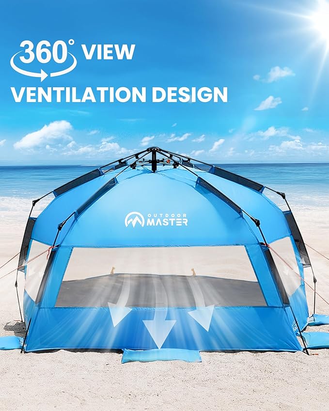 OutdoorMaster Beach Tent Sun Shelter for 3-4 Person Pop Up Beach Tent Easy Setup with Sandbags Portable Sun Shade Canopy with Carrying Bag for Beach &amp Outdoor UPF50+ UV Protection Family Size