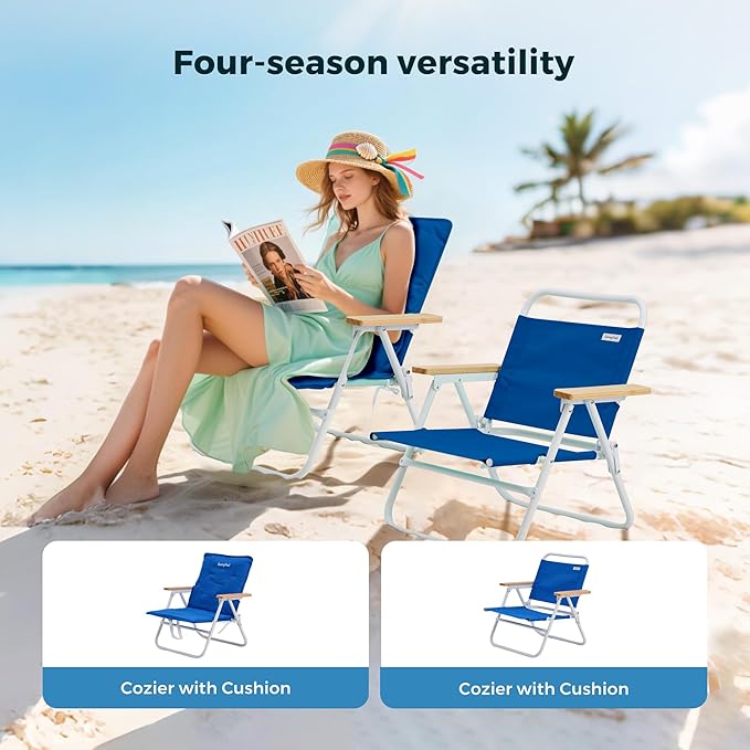 SUNNYFEEL Foldable Beach Chair Beach Chair Backup with Wood Armrest &amp Cushion Lightweight Camping Chair Heavy Duty for Beach Camping Lawn Outdoor Blue