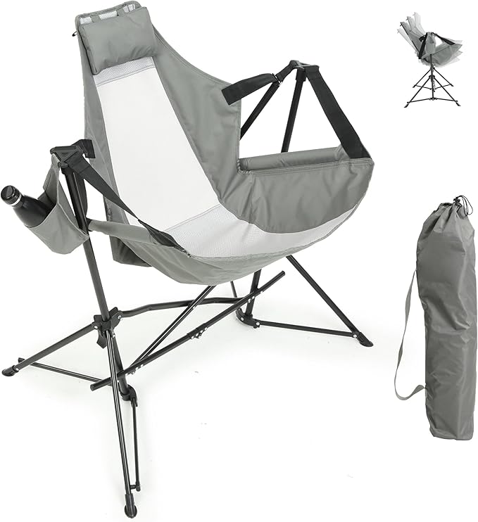 Hammock Folding Camping Chair - Outdoor Portable Swing Camp Chairs with Stand Adults Rocking Swinging Chair for Beach Lawn Patio (Grey)