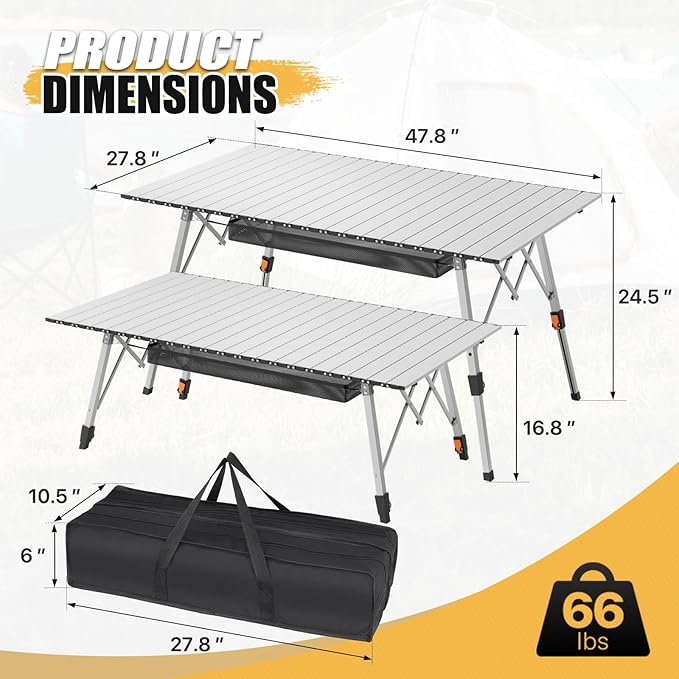 MADOG Folding Camping Table 47'' Portable Aluminum Roll Up Table with Carry Bag Camp Convenient for Picnics Camping Silver