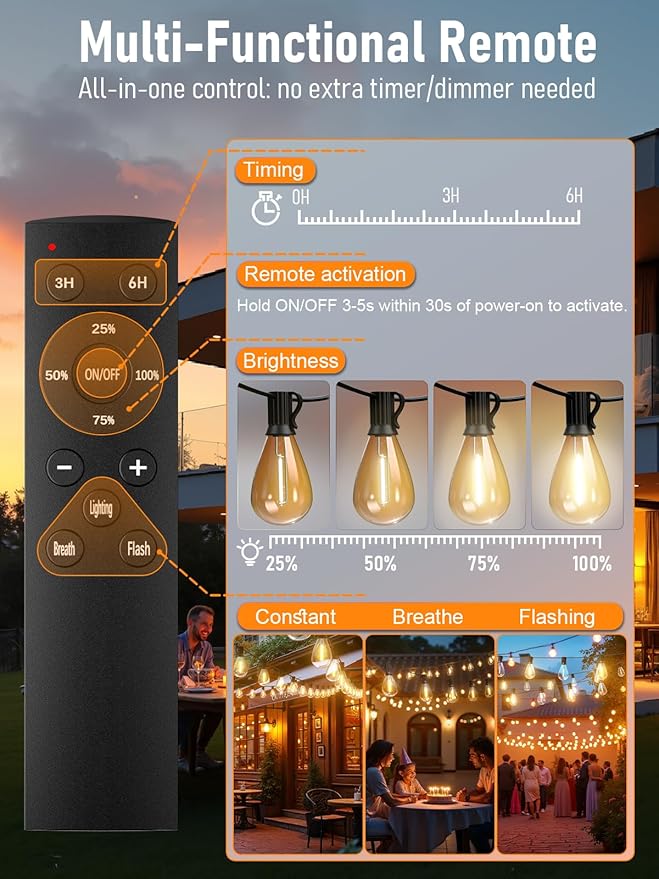 luckystyle 50FT LED Outdoor String Lights with Remote16+1 Shatterproof Bulbs Waterproof and Dimmable Patio Lights for Porch Garden Backyard Deck Balcony 2200K Hanging Lighting