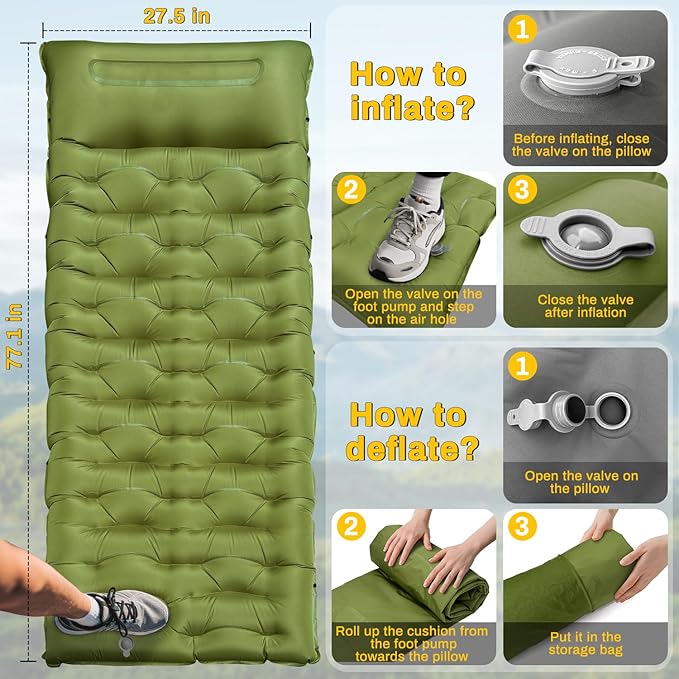 Camping Sleeping Pad Extra Thick 6 Inch Inflatable Camping Mat with Pillow Built-in Foot Pump Sleeping Pad for Camping Ultralight Self Inflating Campings Pad for Tent Backpacking Hiking Camp Gear