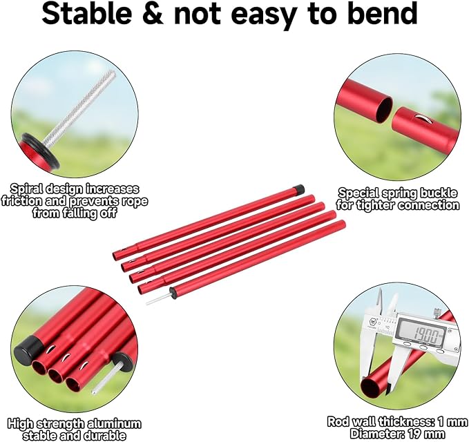 Tent Poles SAN LIKE Aluminium Telescoping Adjustable Red Tarp Poles with Portable Bags Heavy Duty Camping Tent Poles for Awnings Canopy Rain Fly Shelter Set of 2-(5 Sections with Adjustable Length)