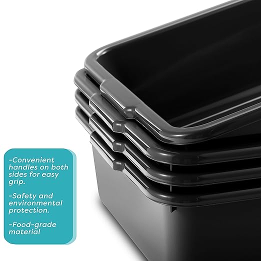 Commercial Bus Tubs/Dishwashing Tubs 13L Plastic Restaurant Basin Utility Tub/Tote Box Set of 4 Black