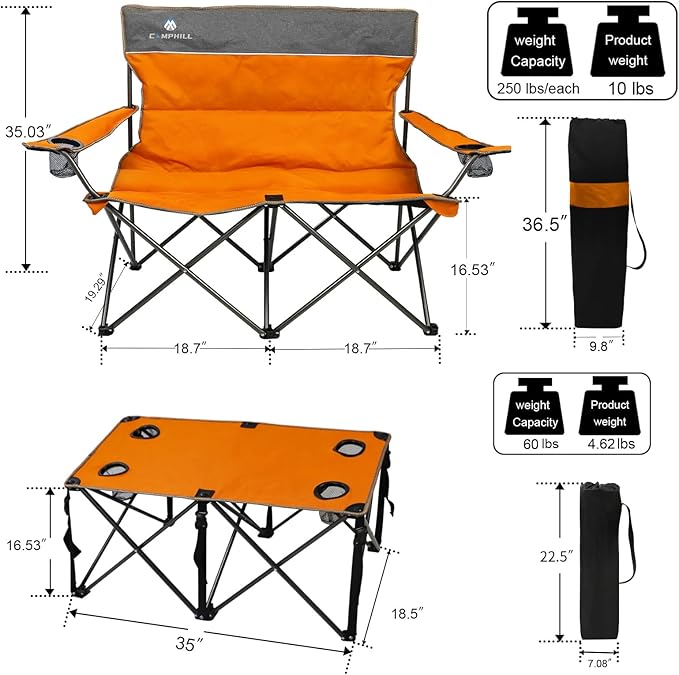 CAMPHILL Camping Chair Set of 3 Outdoor Folding Camping Chairs for Heavy People with Cup Holder &amp Carry BagCollapsible Chair Include One Sofa Chair and Two Single ChairSupport up to 500lbs