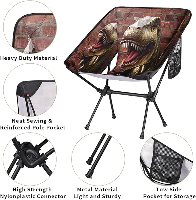 3D Dinosaur Camping Chair Lightweight Portable Folding Camp Chairs for Adults Easy Installation for Camping Fishing Hiking Picnic Travel Festival Supports 176lbs